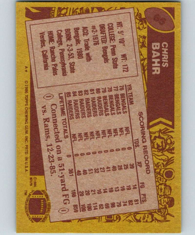 1986 Topps #65 Chris Bahr LA Raiders NFL Football Image 2
