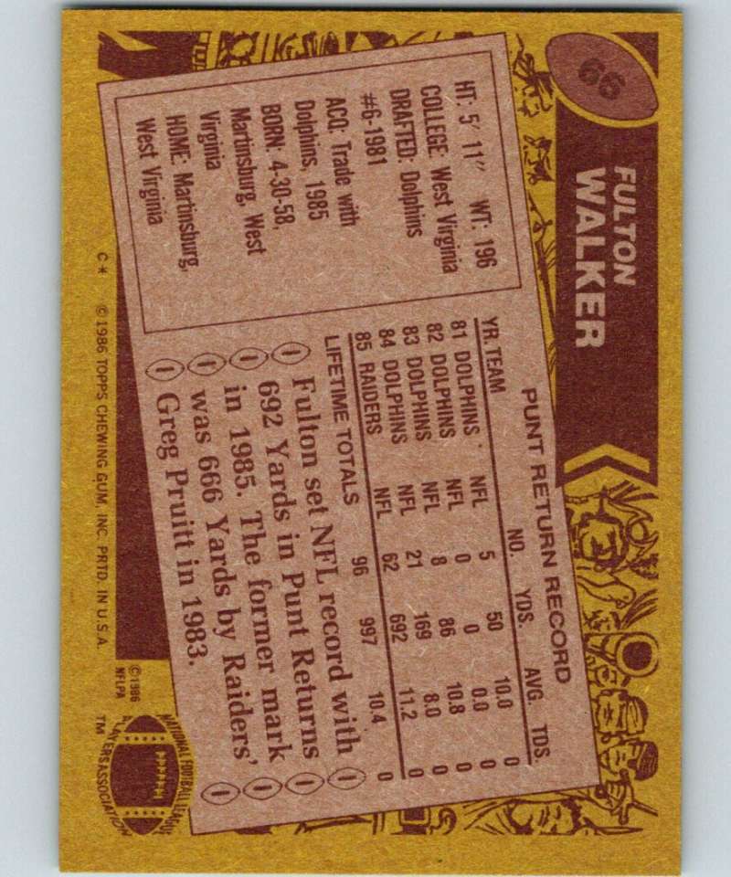 1986 Topps #66 Fulton Walker LA Raiders NFL Football