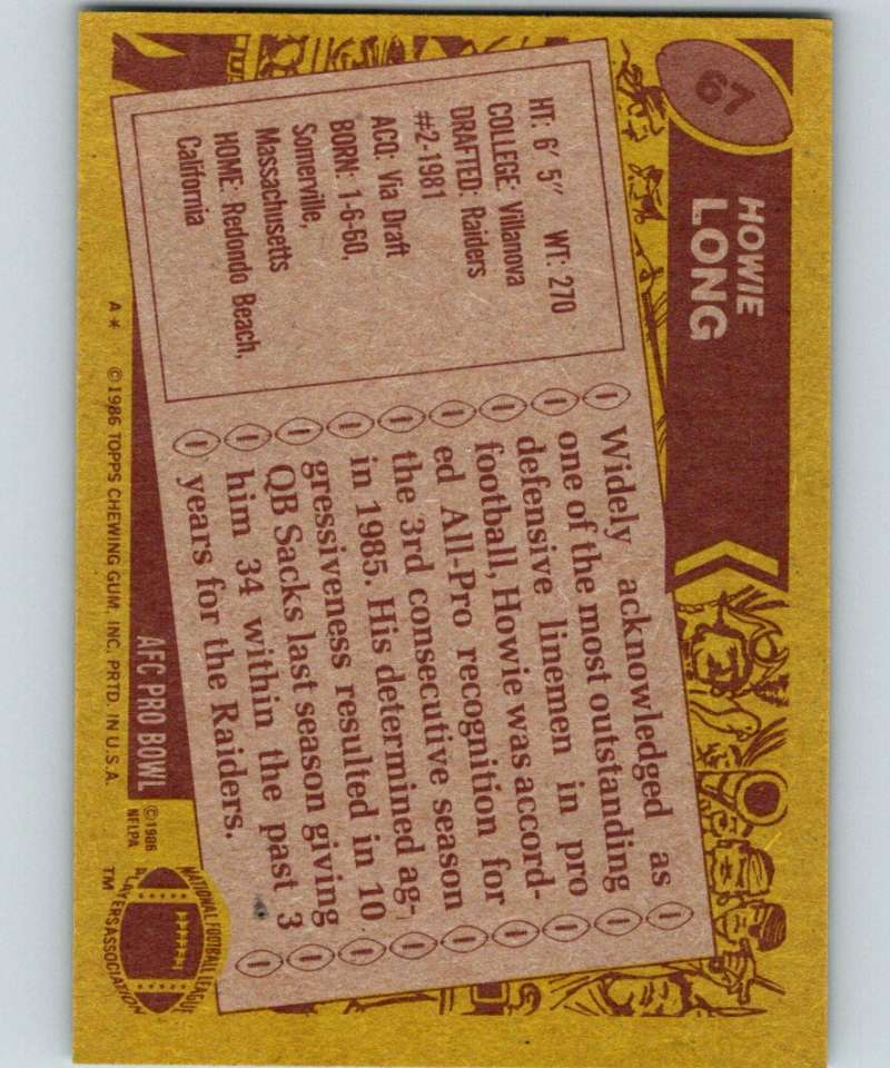 1986 Topps #67 Howie Long LA Raiders NFL Football Image 2