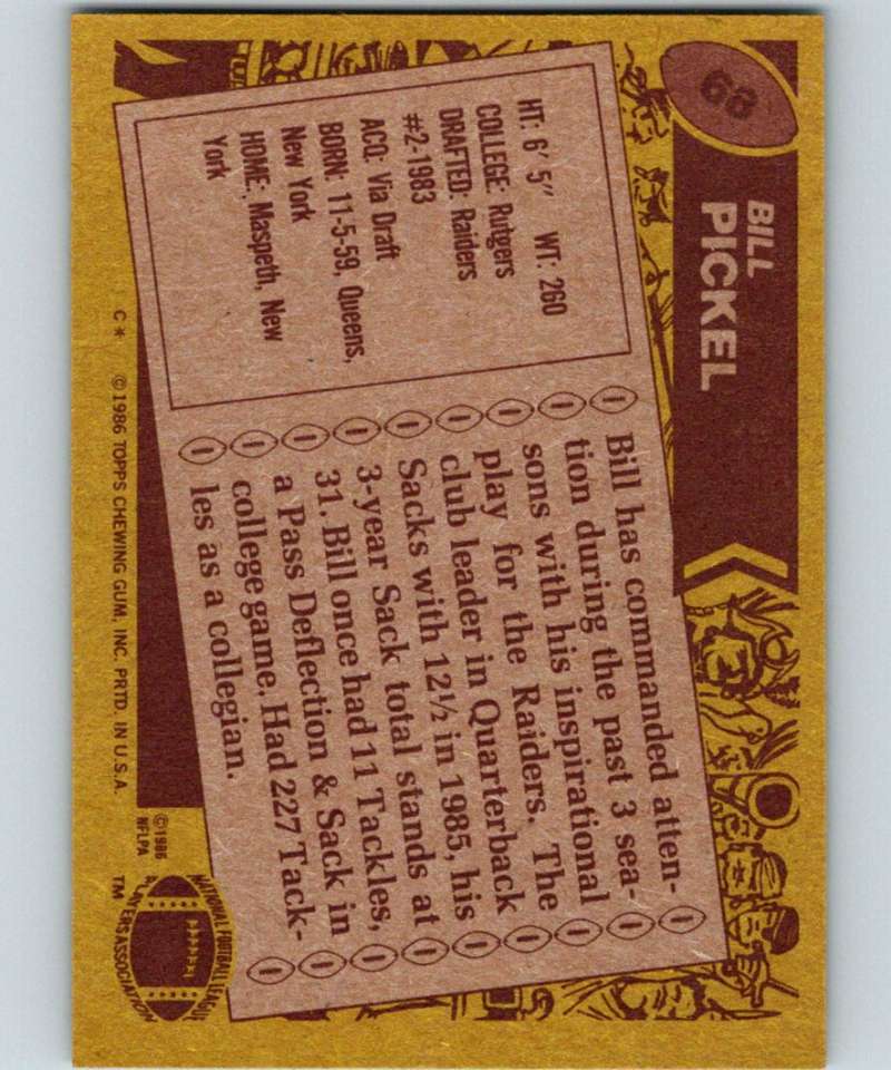 1986 Topps #68 Bill Pickel LA Raiders NFL Football