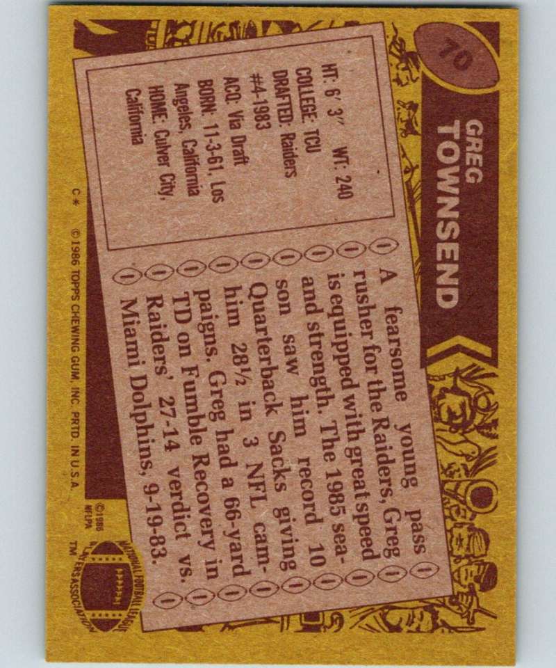 1986 Topps #70 Greg Townsend RC Rookie LA Raiders NFL Football Image 2