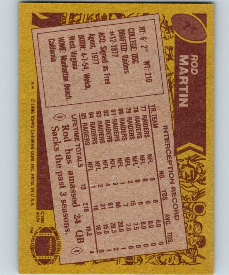 1986 Topps #71 Rod Martin LA Raiders NFL Football