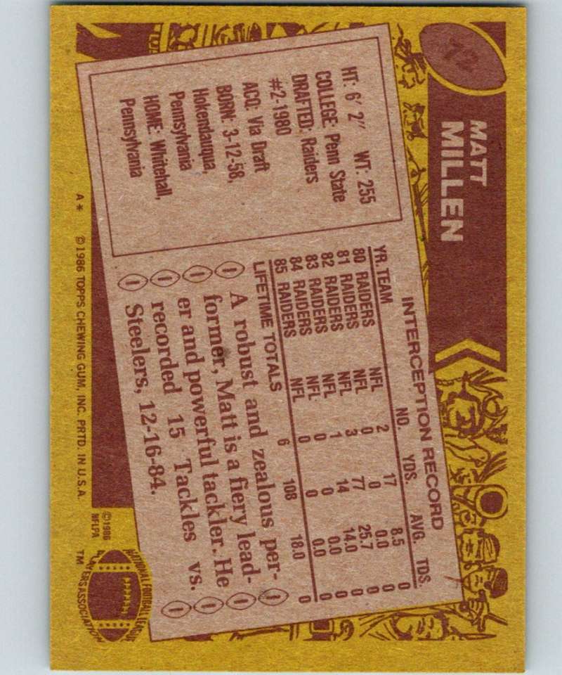 1986 Topps #72 Matt Millen LA Raiders NFL Football