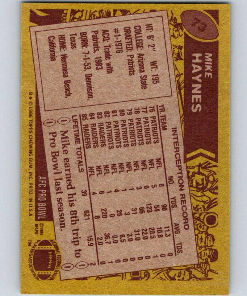 1986 Topps #73 Mike Haynes LA Raiders NFL Football