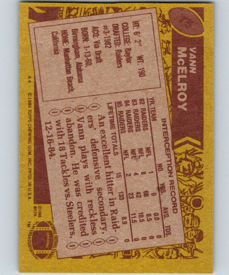 1986 Topps #75 Vann McElroy LA Raiders NFL Football