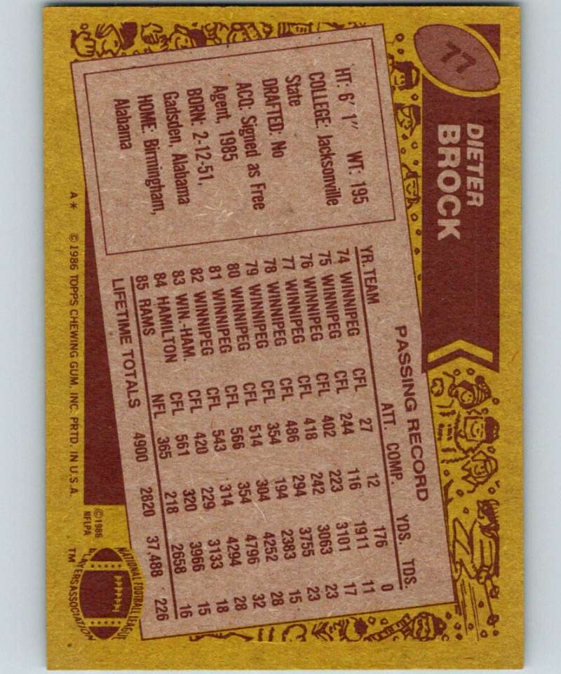 1986 Topps #77 Dieter Brock RC Rookie LA Rams NFL Football