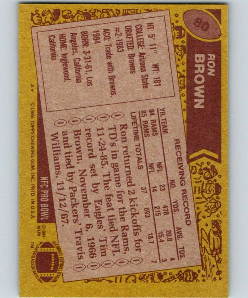 1986 Topps #80 Ron Brown RC Rookie LA Rams NFL Football Image 2