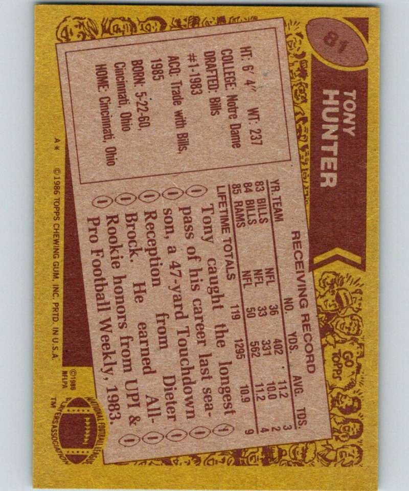 1986 Topps #81 Tony Hunter RC Rookie LA Rams NFL Football Image 2