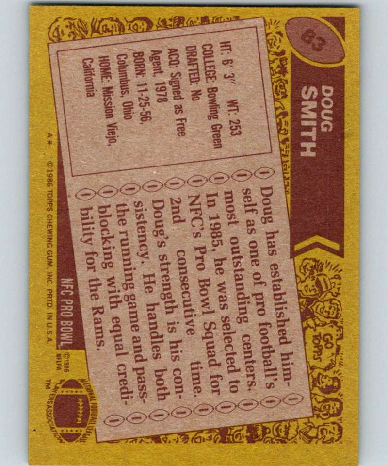 1986 Topps #83 Doug Smith LA Rams NFL Football Image 2