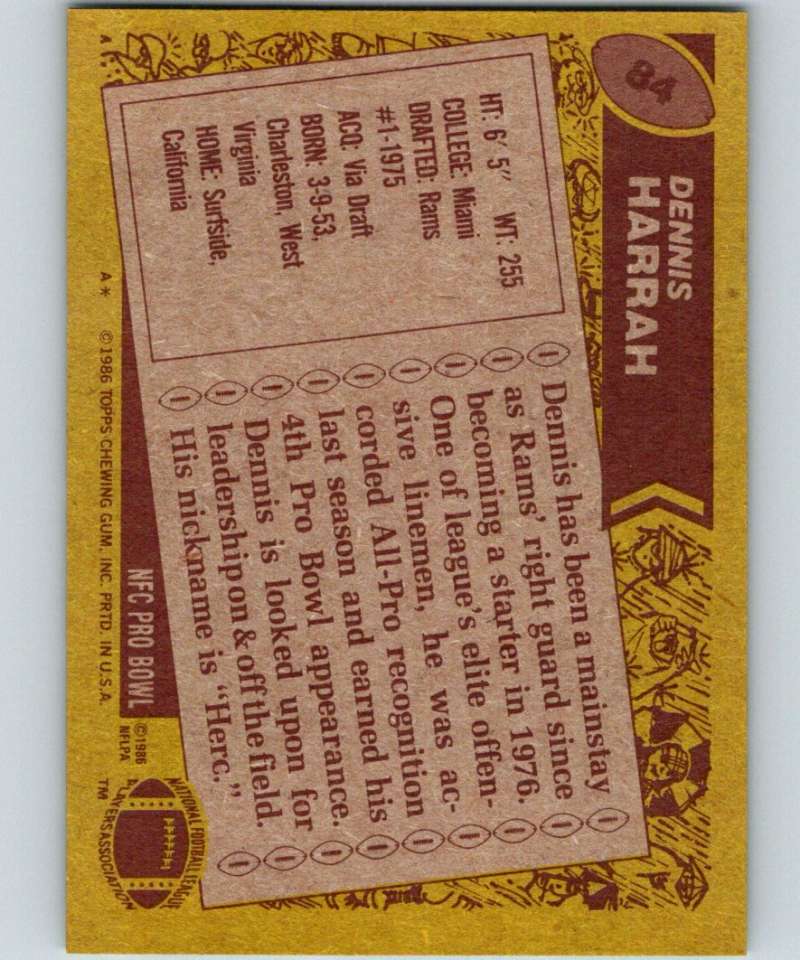 1986 Topps #84 Dennis Harrah LA Rams NFL Football