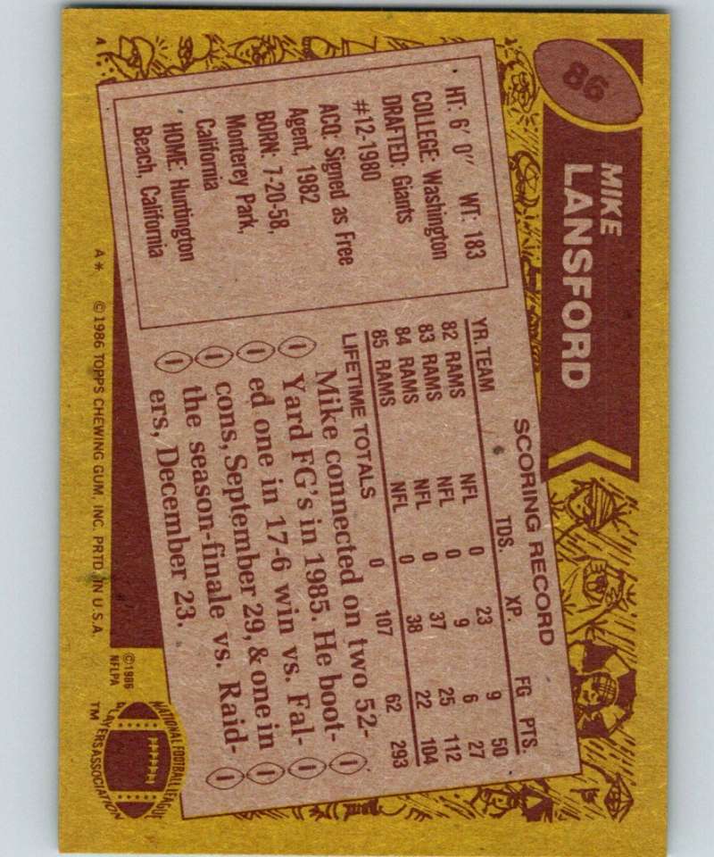 1986 Topps #86 Mike Lansford LA Rams NFL Football Image 2