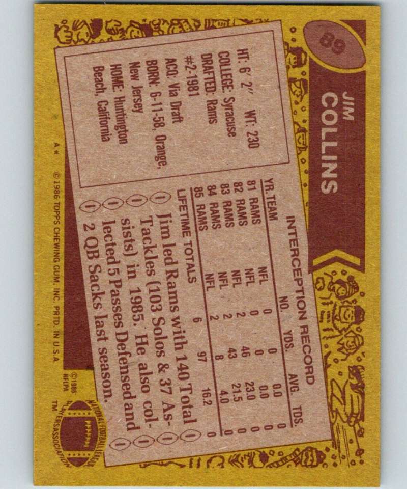 1986 Topps #89 Jim Collins LA Rams NFL Football