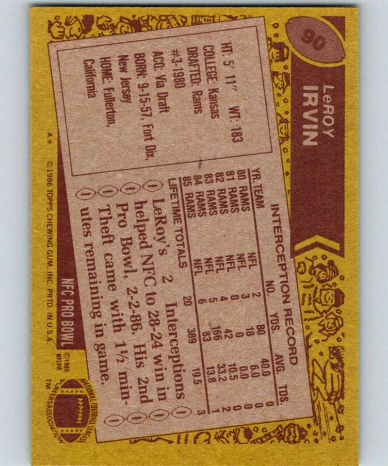 1986 Topps #90 LeRoy Irvin LA Rams NFL Football Image 2