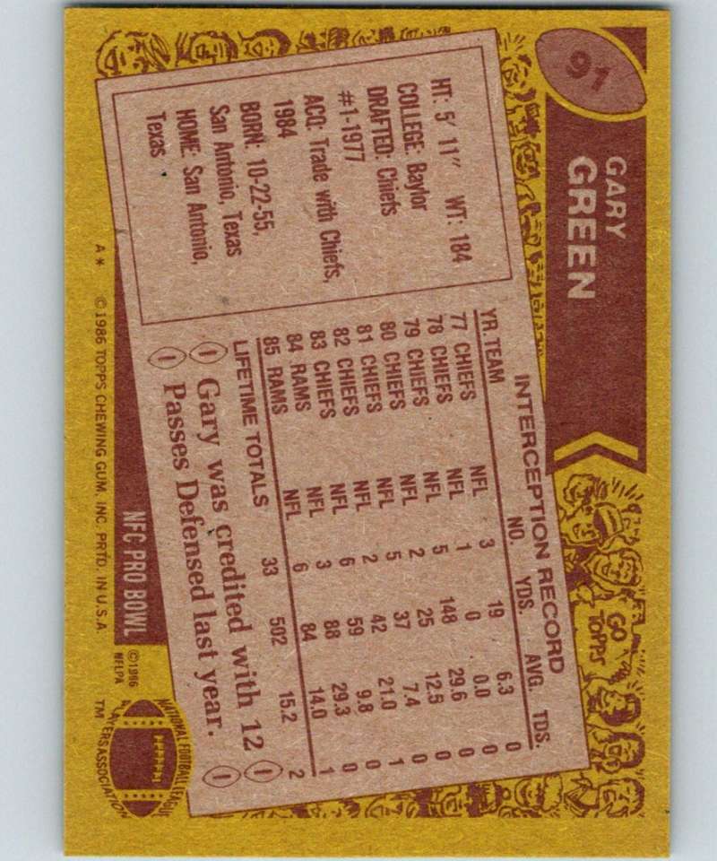 1986 Topps #91 Gary Green LA Rams NFL Football