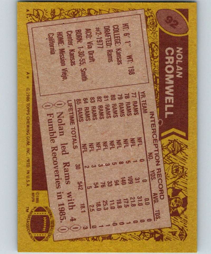 1986 Topps #92 Nolan Cromwell LA Rams NFL Football Image 2