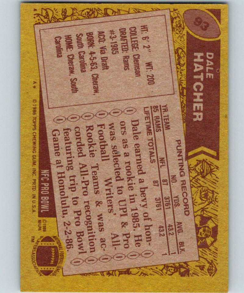 1986 Topps #93 Dale Hatcher RC Rookie LA Rams NFL Football Image 2