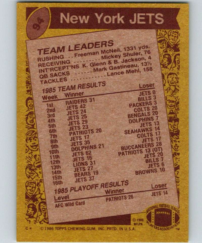 1986 Topps #94 Freeman McNeil NY Jets TL NFL Football Image 2
