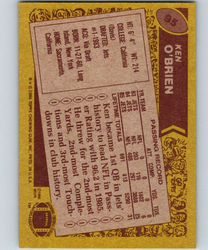 1986 Topps #95 Ken O'Brien NY Jets NFL Football Image 2