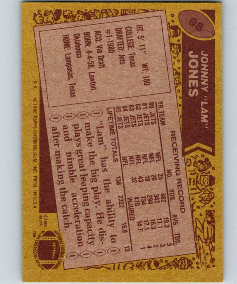 1986 Topps #98 Lam Jones NY Jets NFL Football