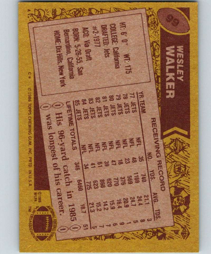 1986 Topps #99 Wesley Walker NY Jets NFL Football Image 2