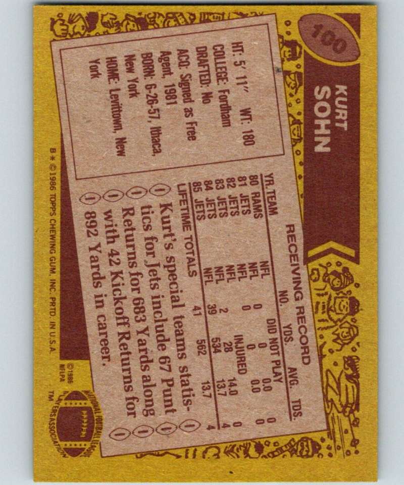 1986 Topps #100 Kurt Sohn NY Jets NFL Football Image 2