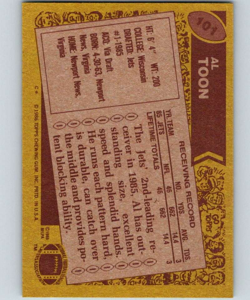 1986 Topps #101 Al Toon RC Rookie NY Jets NFL Football