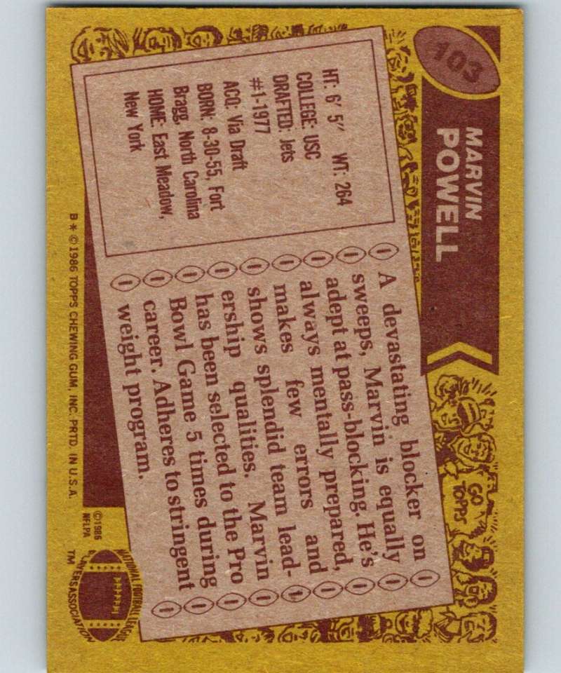 1986 Topps #103 Marvin Powell NY Jets NFL Football Image 2