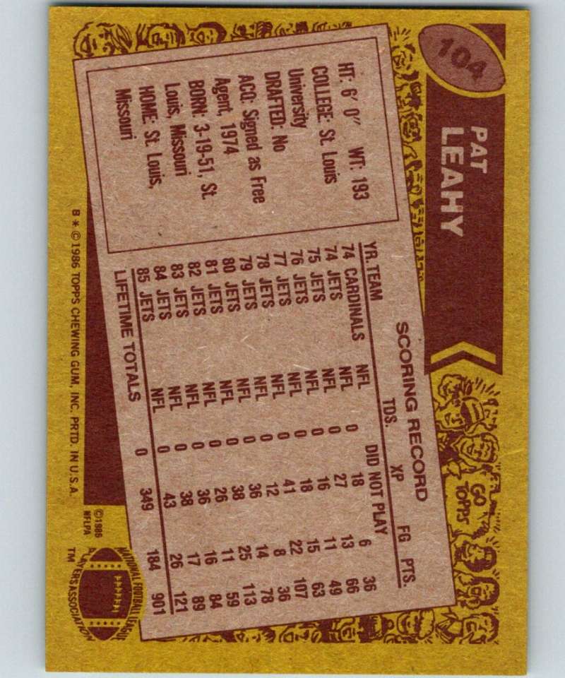 1986 Topps #104 Pat Leahy NY Jets NFL Football Image 2