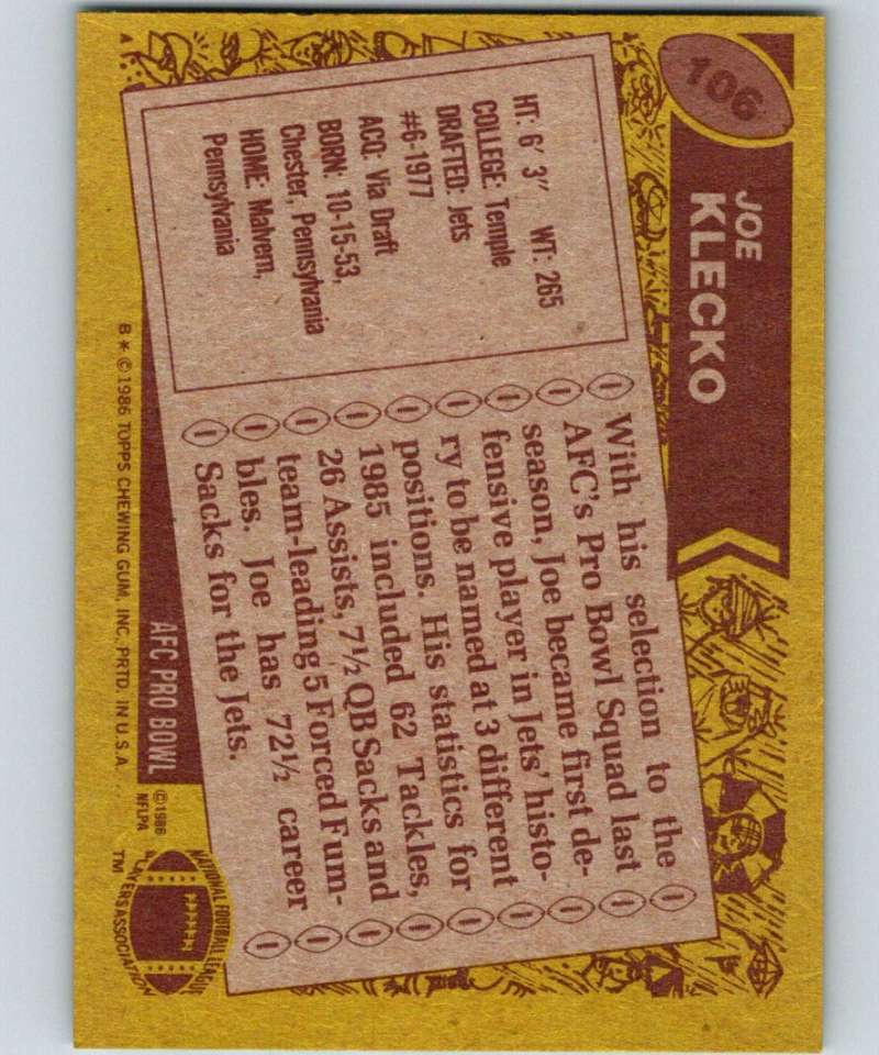 1986 Topps #106 Joe Klecko NY Jets NFL Football Image 2