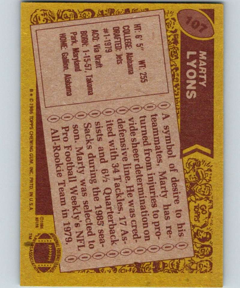 1986 Topps #107 Marty Lyons NY Jets NFL Football Image 2