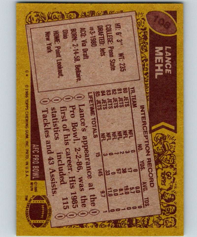 1986 Topps #108 Lance Mehl NY Jets NFL Football Image 2