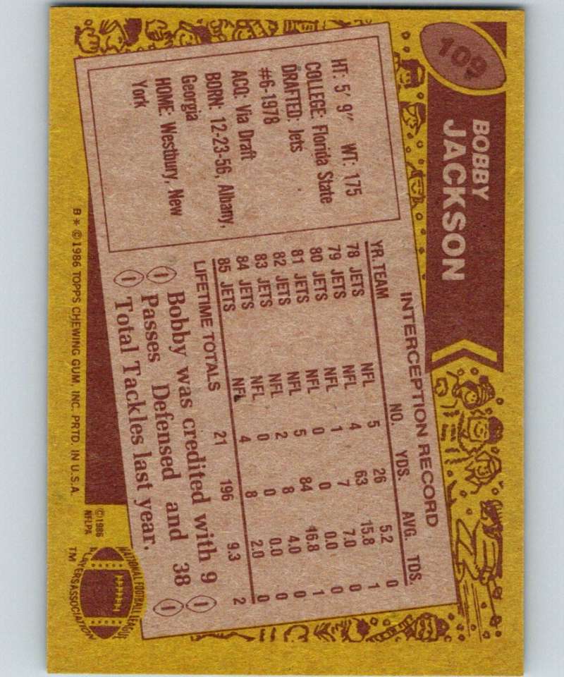 1986 Topps #109 Bobby Jackson NY Jets NFL Football Image 2