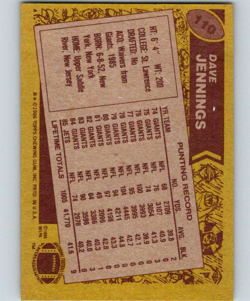 1986 Topps #110 Dave Jennings NY Jets NFL Football