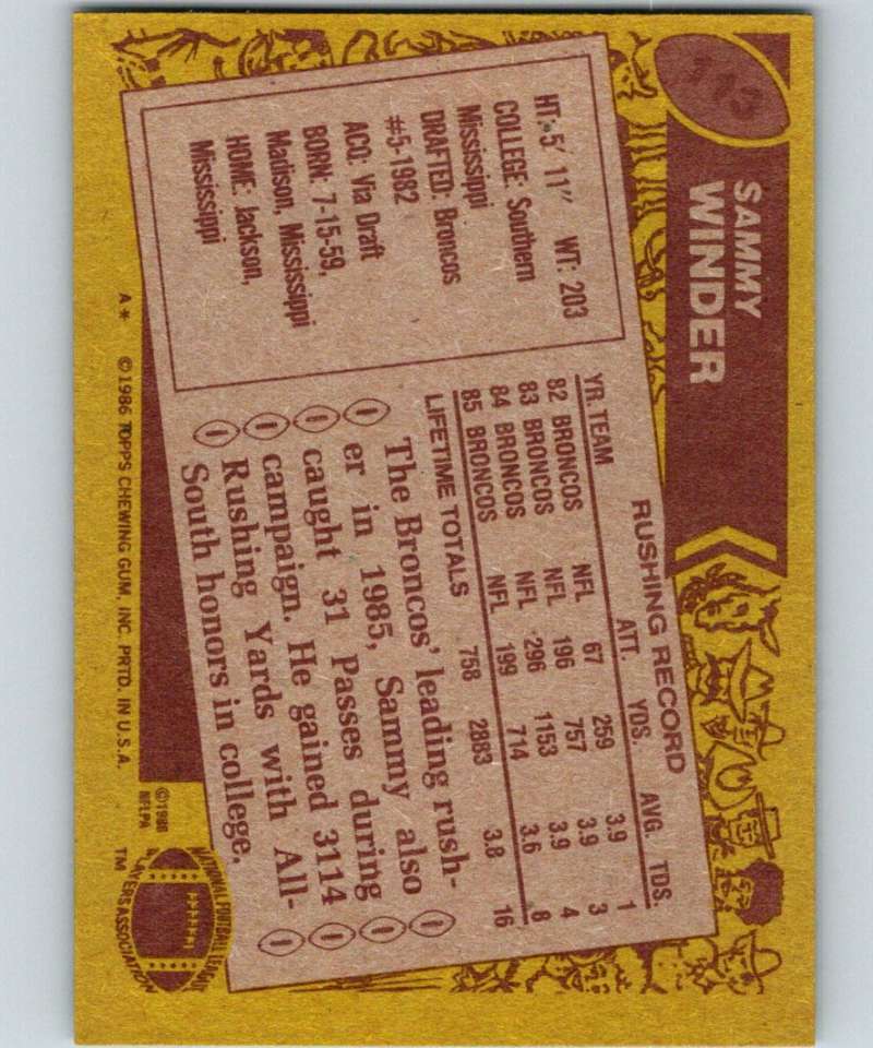 1986 Topps #113 Sammy Winder Broncos NFL Football Image 2