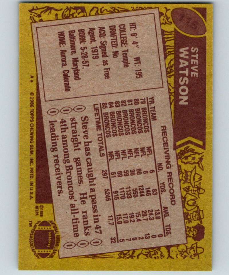 1986 Topps #115 Steve Watson Broncos NFL Football Image 2