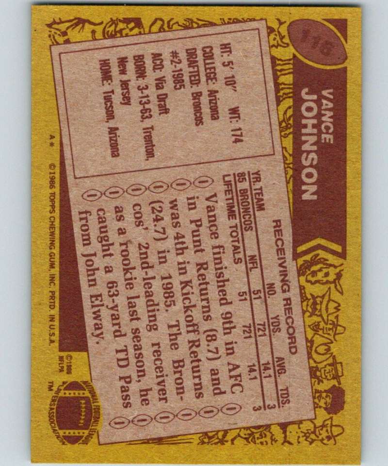 1986 Topps #116 Vance Johnson RC Rookie Broncos NFL Football Image 2