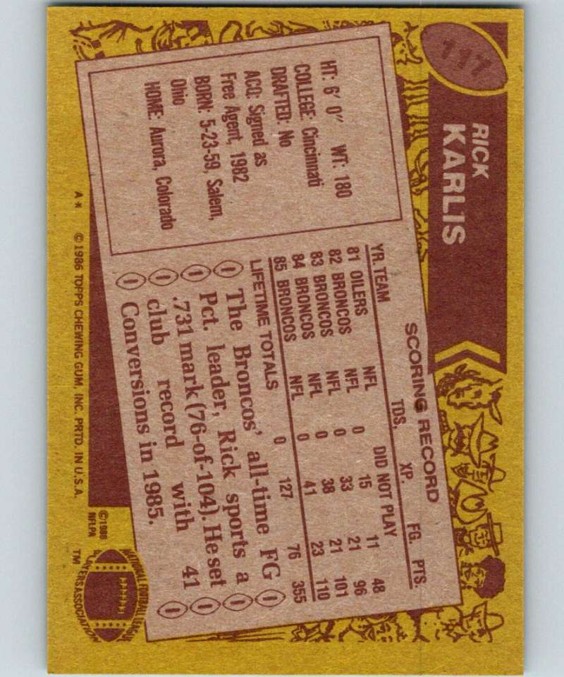 1986 Topps #117 Rich Karlis Broncos UER NFL Football Image 2