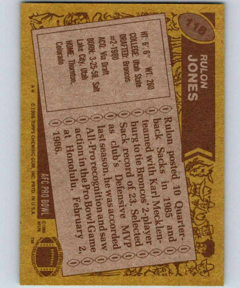 1986 Topps #118 Rulon Jones Broncos NFL Football Image 2