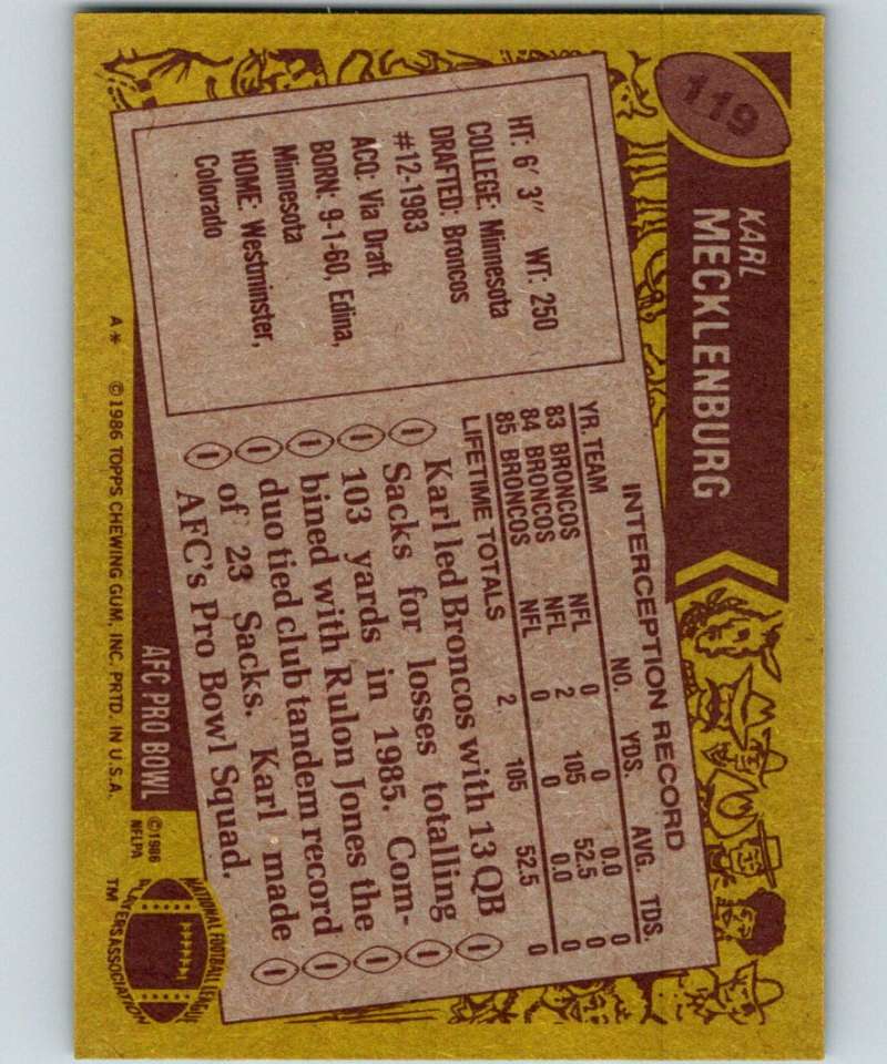 1986 Topps #119 Karl Mecklenburg RC Rookie Broncos NFL Football