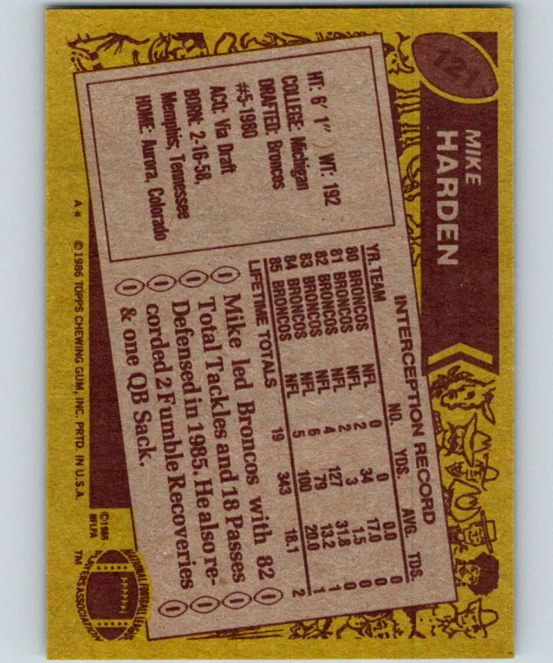 1986 Topps #121 Mike Harden Broncos NFL Football Image 2