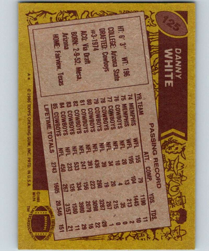 1986 Topps #125 Danny White Cowboys NFL Football