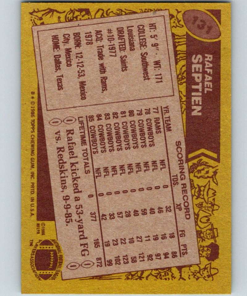 1986 Topps #131 Rafael Septien Cowboys NFL Football
