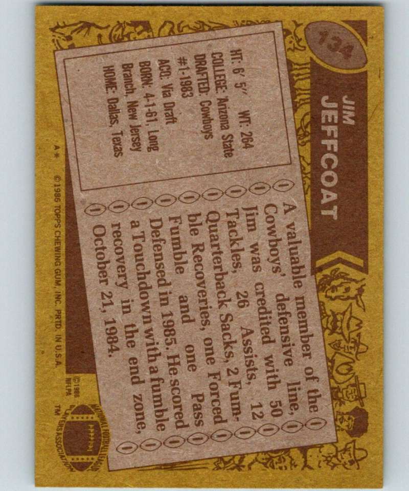 1986 Topps #134 Jim Jeffcoat Cowboys NFL Football Image 2