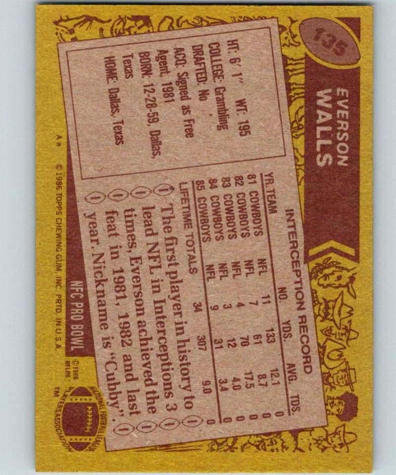 1986 Topps #135 Everson Walls Cowboys NFL Football