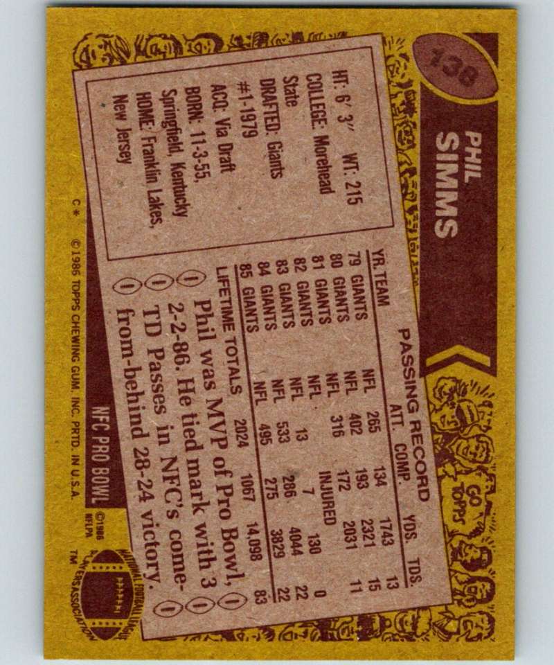 1986 Topps #138 Phil Simms NY Giants NFL Football