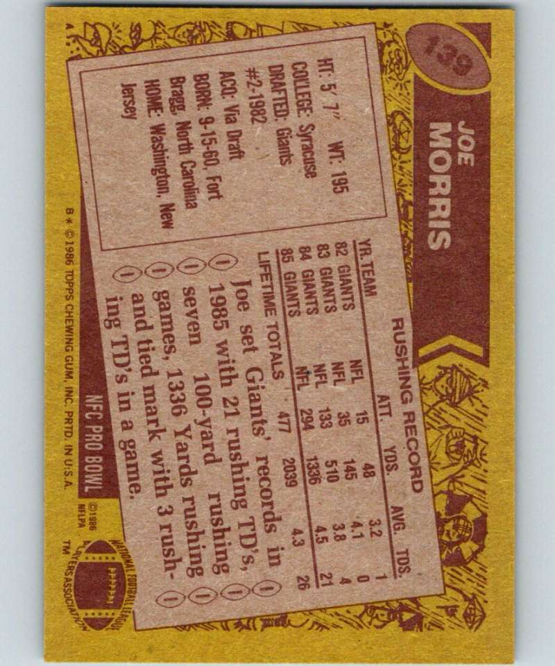 1986 Topps #139 Joe Morris NY Giants NFL Football Image 2