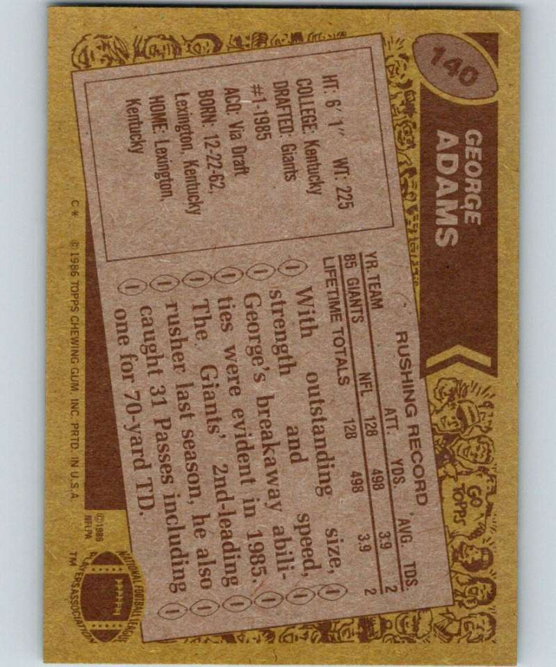 1986 Topps #140 George Adams RC Rookie NY Giants NFL Football