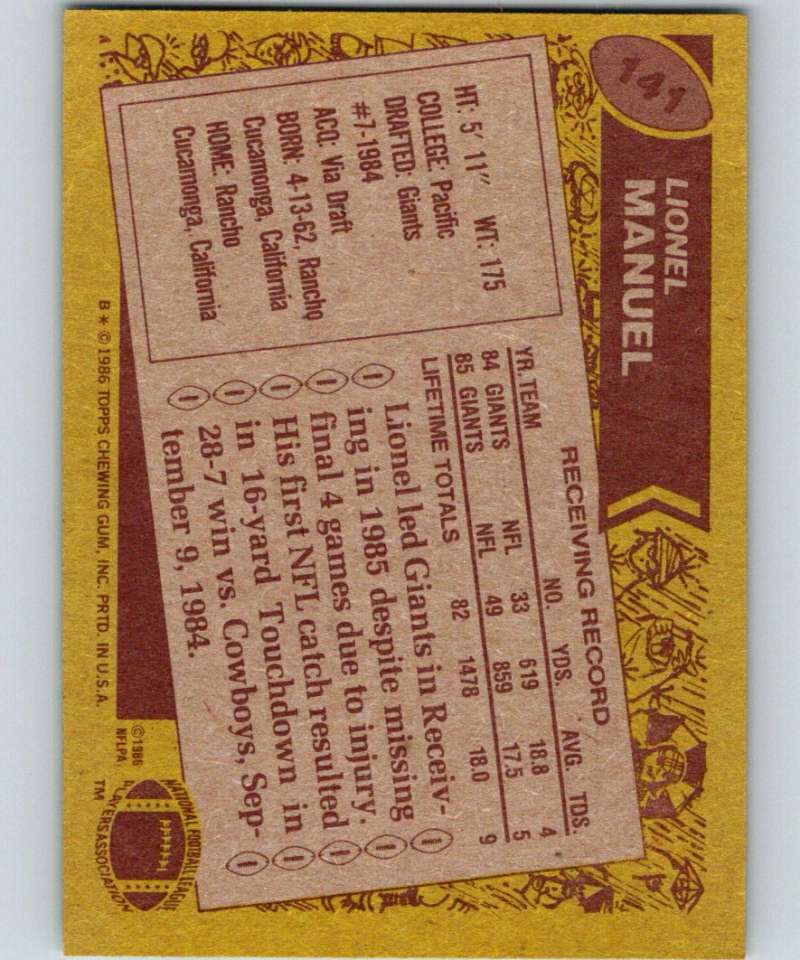1986 Topps #141 Lionel Manuel NY Giants NFL Football Image 2