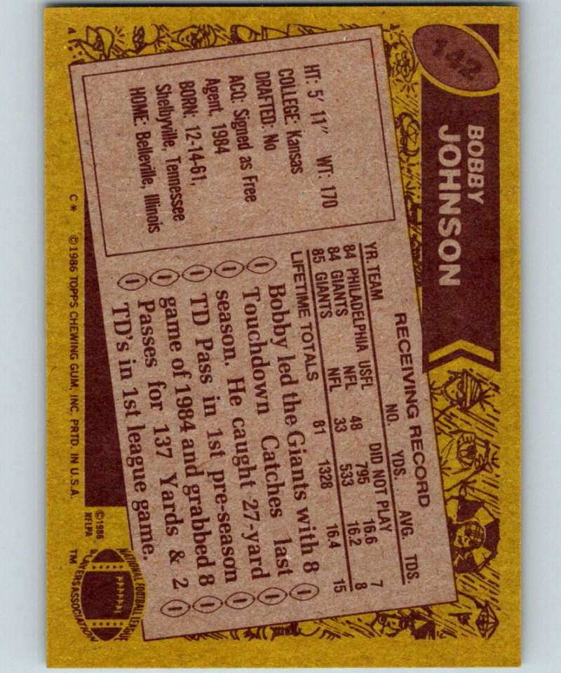 1986 Topps #142 Bobby Johnson NY Giants NFL Football Image 2
