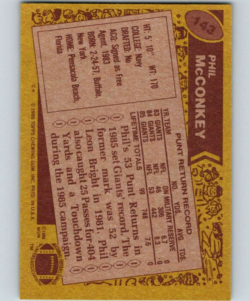 1986 Topps #143 Phil McConkey RC Rookie NY Giants NFL Football